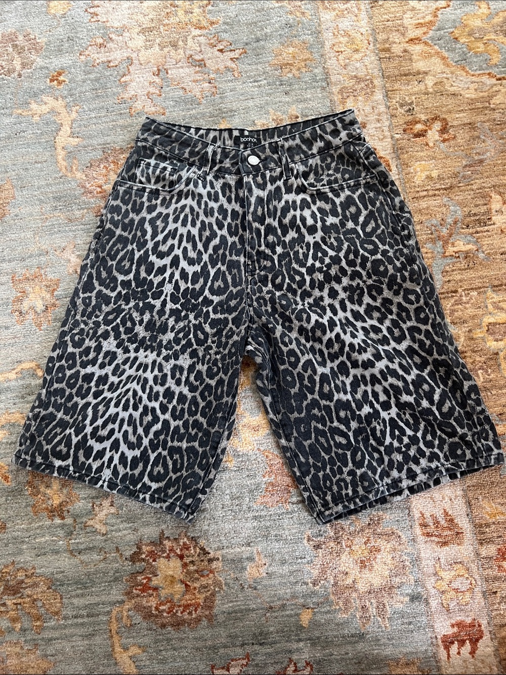 Women’s Black and Gray Leopard Print Denim Shorts